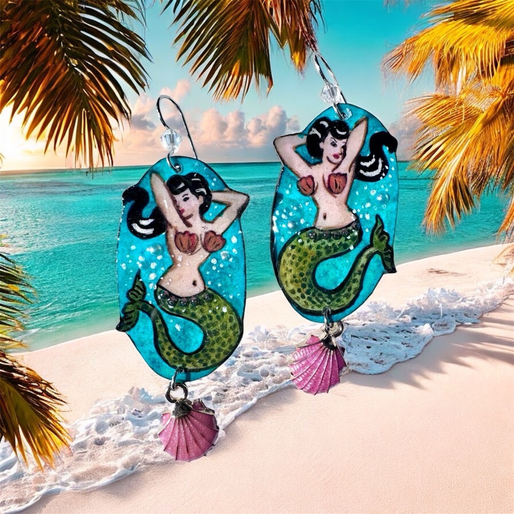 Handpainted retro mermaid lady earrings w metal clam charm sterling wires OOAK